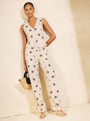 Love & Roses Cream Linen Pinstripe Floral Wide Leg Trousers - Image 3 of 4