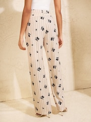 Love & Roses Cream Linen Pinstripe Floral Wide Leg Trousers - Image 4 of 4