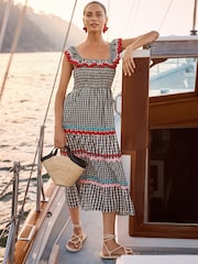 Love & Roses Black Gingham Smocked Ric Rac Ruffle Trim Midi Dress - Image 1 of 4