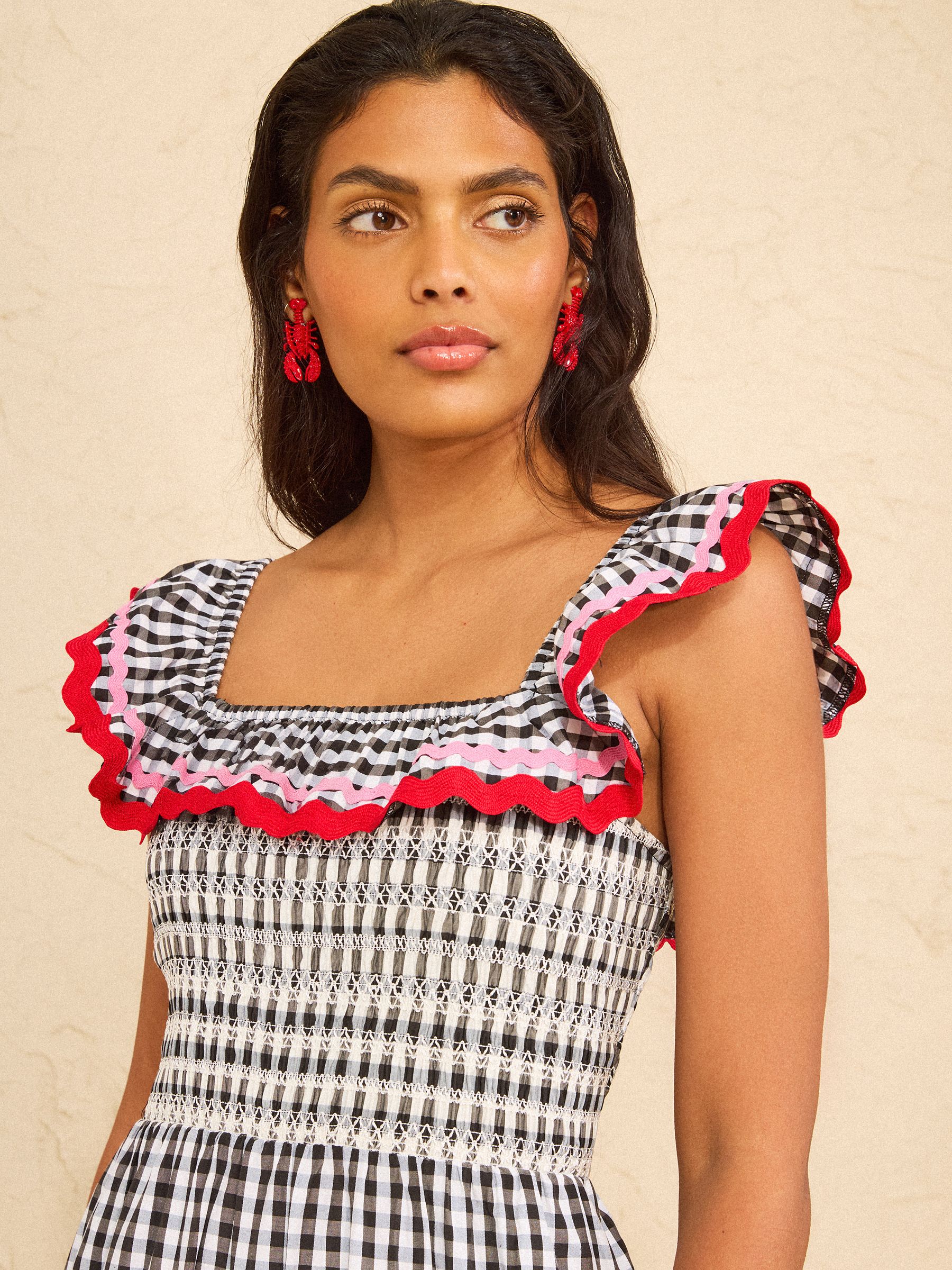 Buy Love & Roses Black Gingham Smocked Ric Rac Ruffle Trim Midi