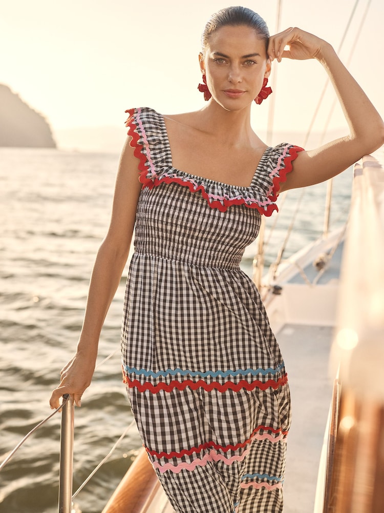 Love & Roses Black Gingham Smocked Ric Rac Ruffle Trim Midi Dress - Image 2 of 4