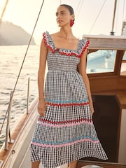 Love & Roses Black Gingham Smocked Ric Rac Ruffle Trim Midi Dress - Image 3 of 4