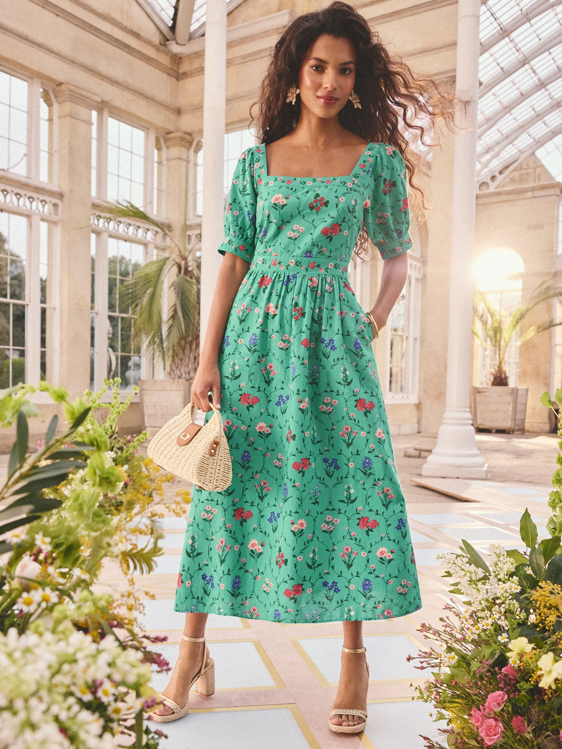 Womens Love & Roses x RHS Bright Green Floral Linen Puff Sleeve Midi Dress US 4 Womens Love & Roses x RHS Bright Green Floral Linen Puff Sleeve Midi Dress US 4