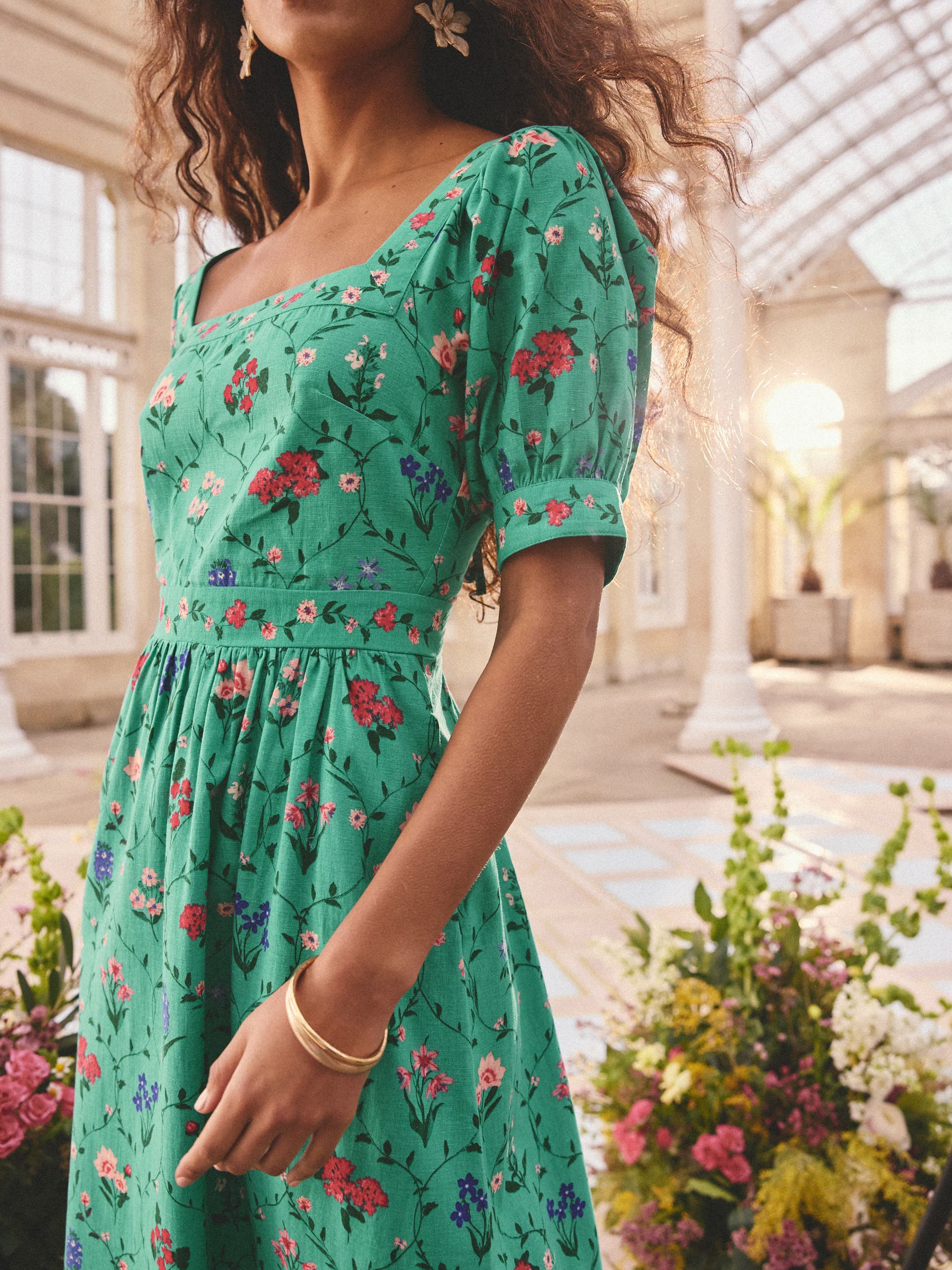 Buy Love & Roses x RHS Bright Green Floral Linen Puff Sleeve Midi