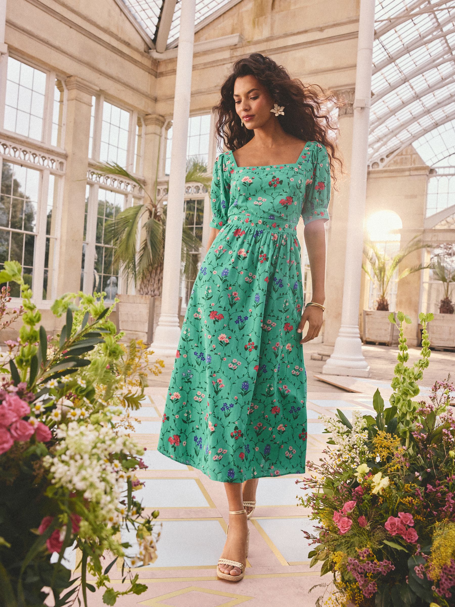 Buy Love & Roses x RHS Bright Green Floral Linen Puff Sleeve Midi