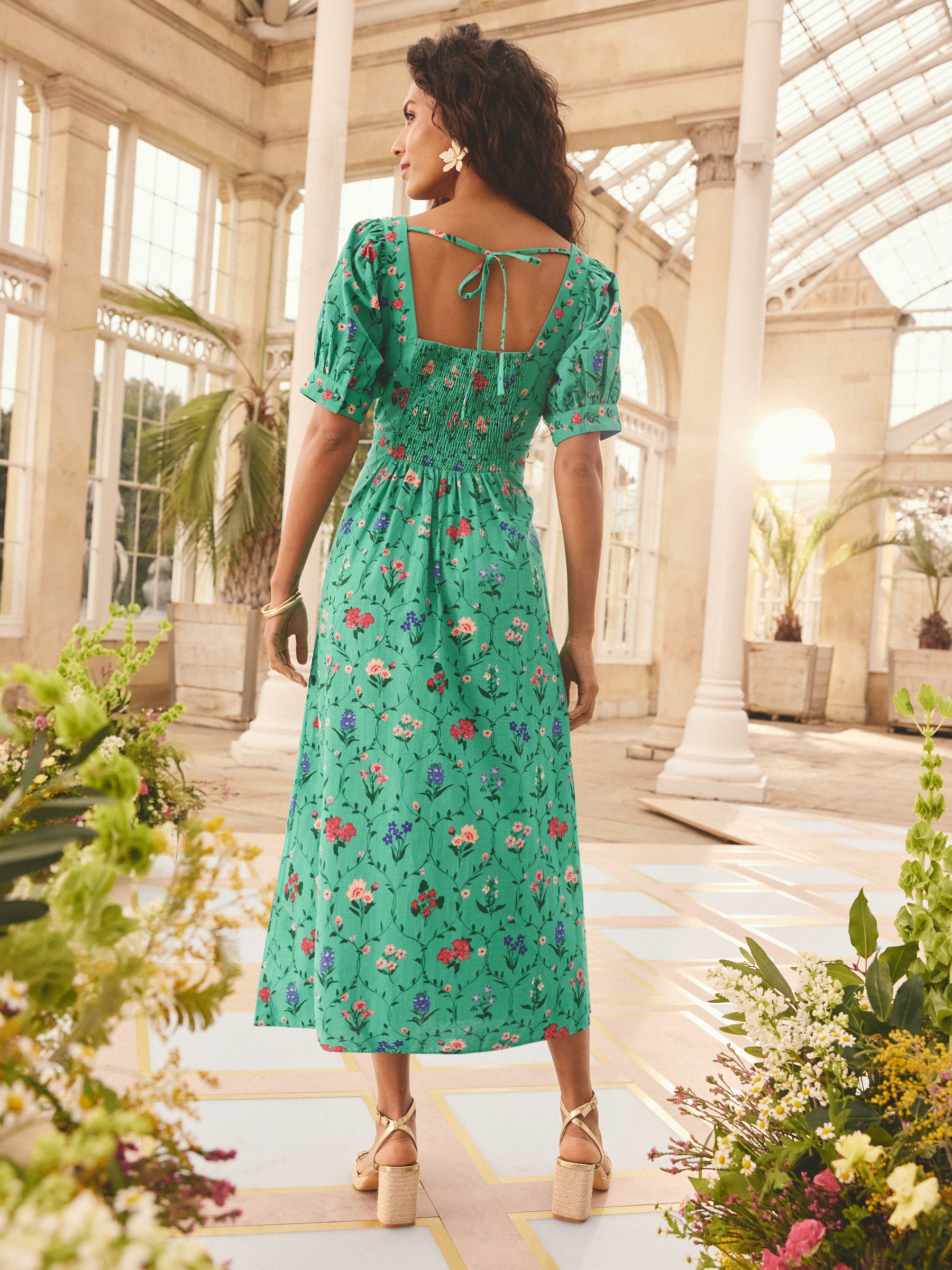 new look green floral dress Womens Love & Roses x RHS Bright Green Floral Linen Puff Sleeve Midi Dress US 10