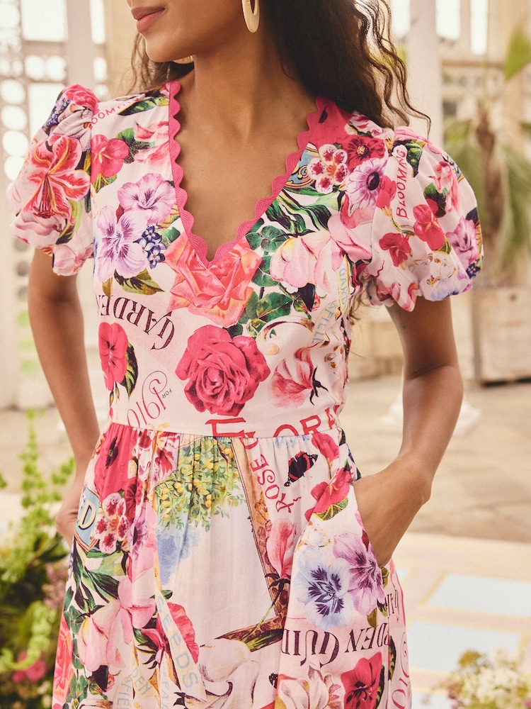 Love & Roses Floral Motif Printed Ric Rac V-Neck Midi Dress - Image 2 of 4 Love & Roses Floral Motif Printed Ric Rac V-Neck Midi Dress - Image 2 of 4