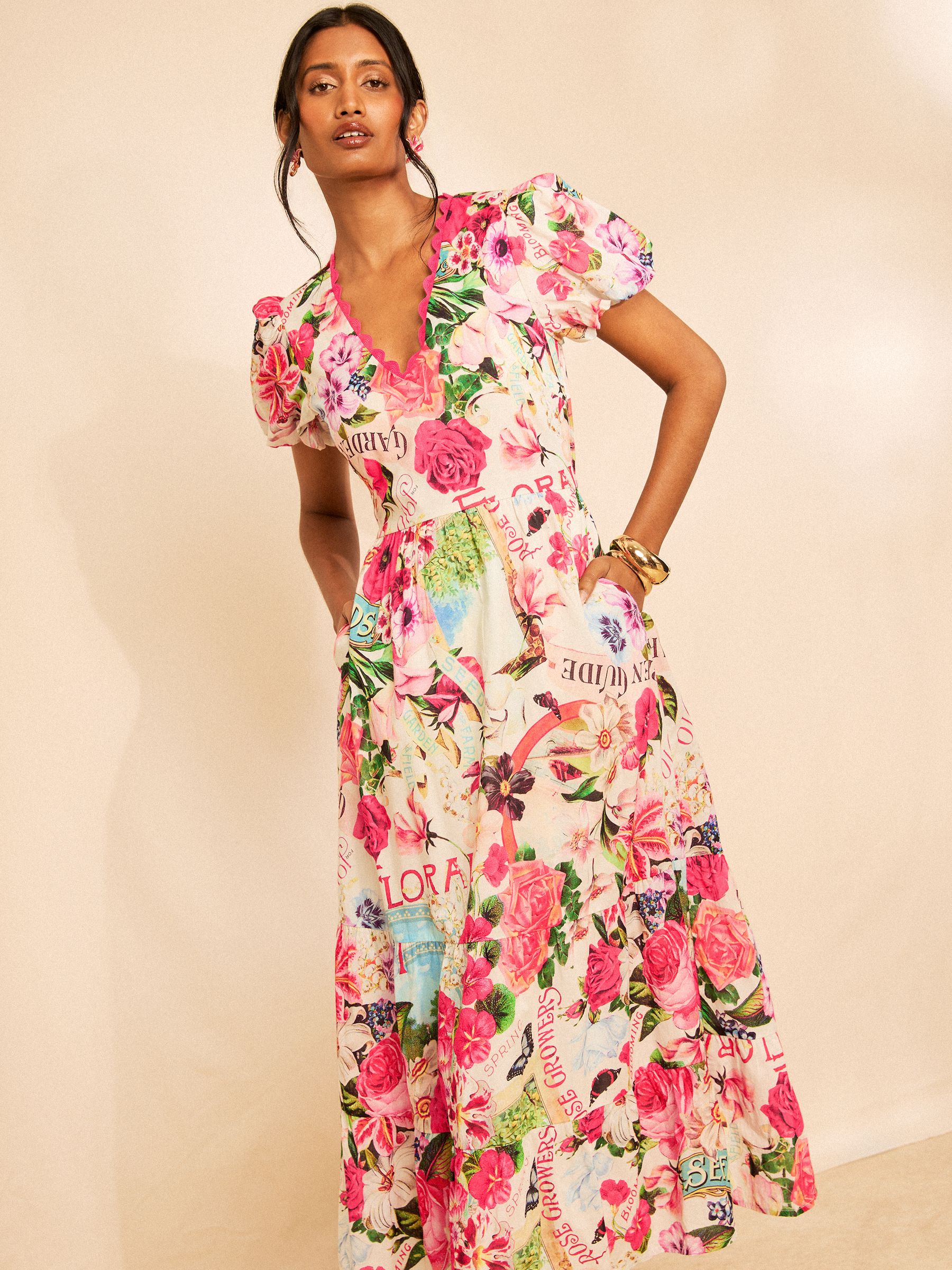 Buy Love & Roses x RHS Floral Motif Printed Ric Rac V-Neck Midi