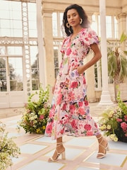 Love & Roses Floral Motif Printed Ric Rac V-Neck Midi Dress - Image 4 of 4