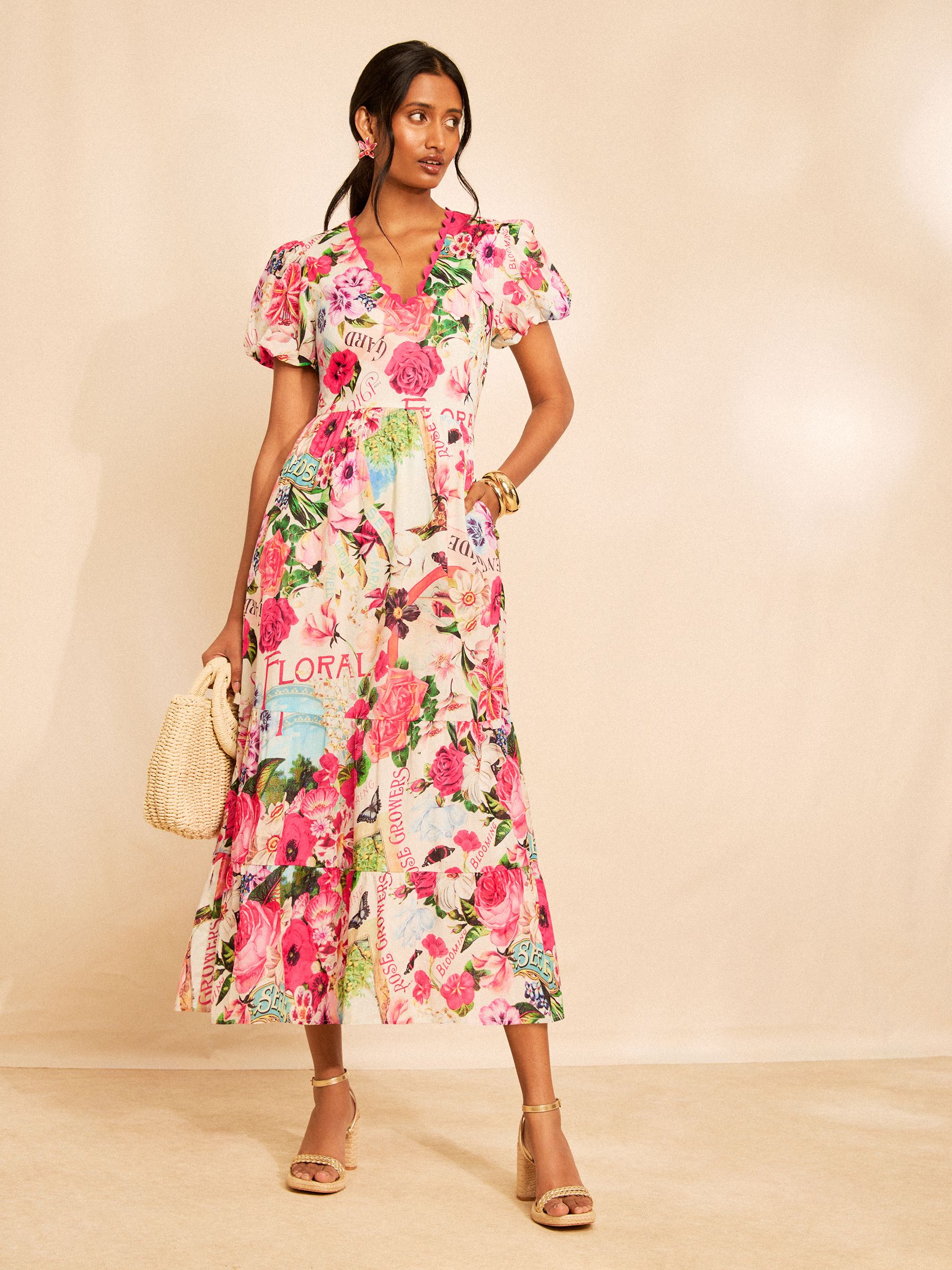 Buy Love & Roses x RHS Floral Motif Printed Ric Rac V-Neck Midi