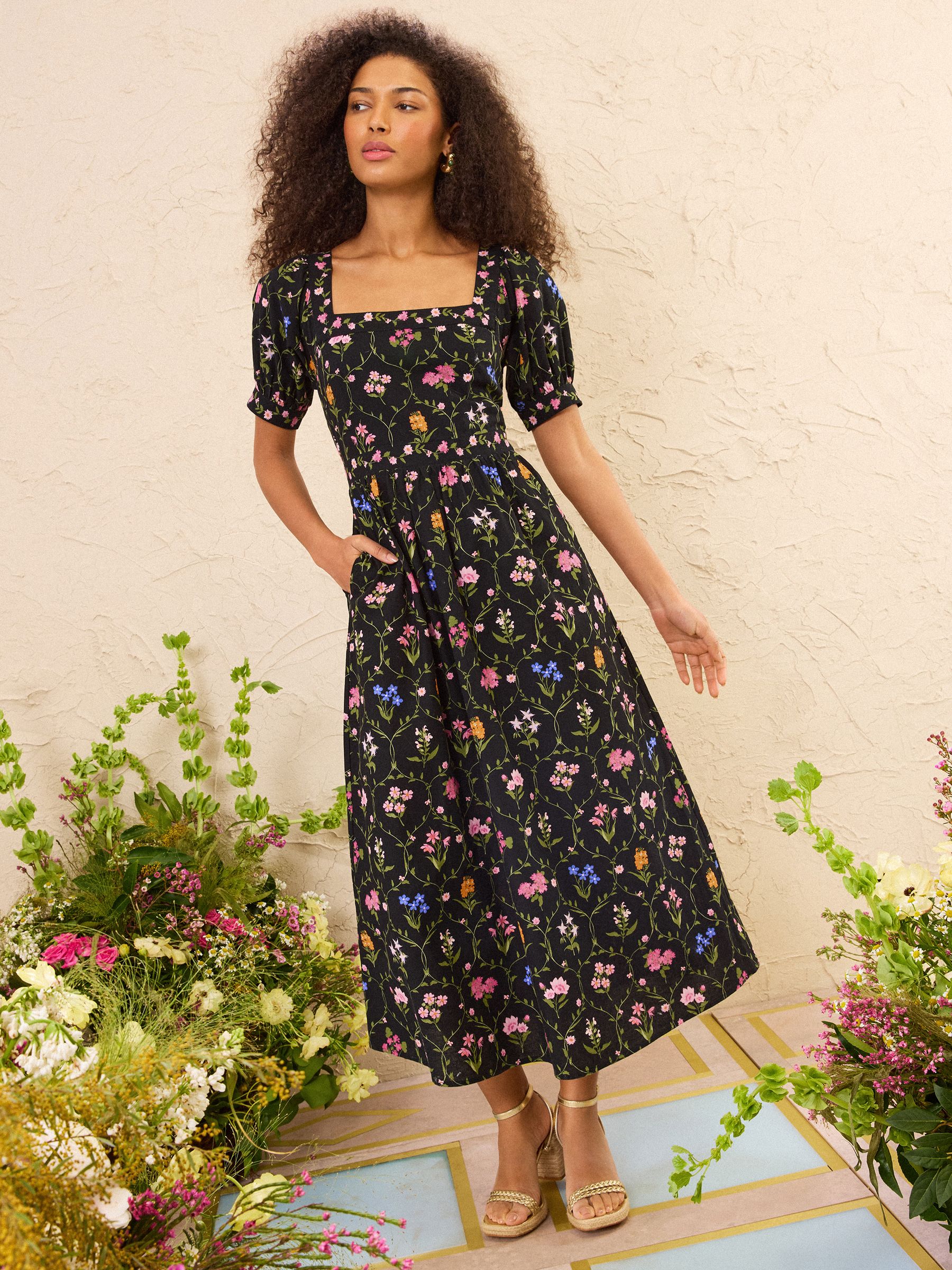 新品　黒　Flower motif puffsleeve dress Mロング Buy Love & Roses x RHS Black Linen Puff Sleeve Midi Dress from the