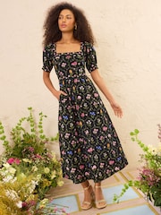 Love & Roses x RHS Black Linen Puff Sleeve Midi Dress - Image 1 of 5