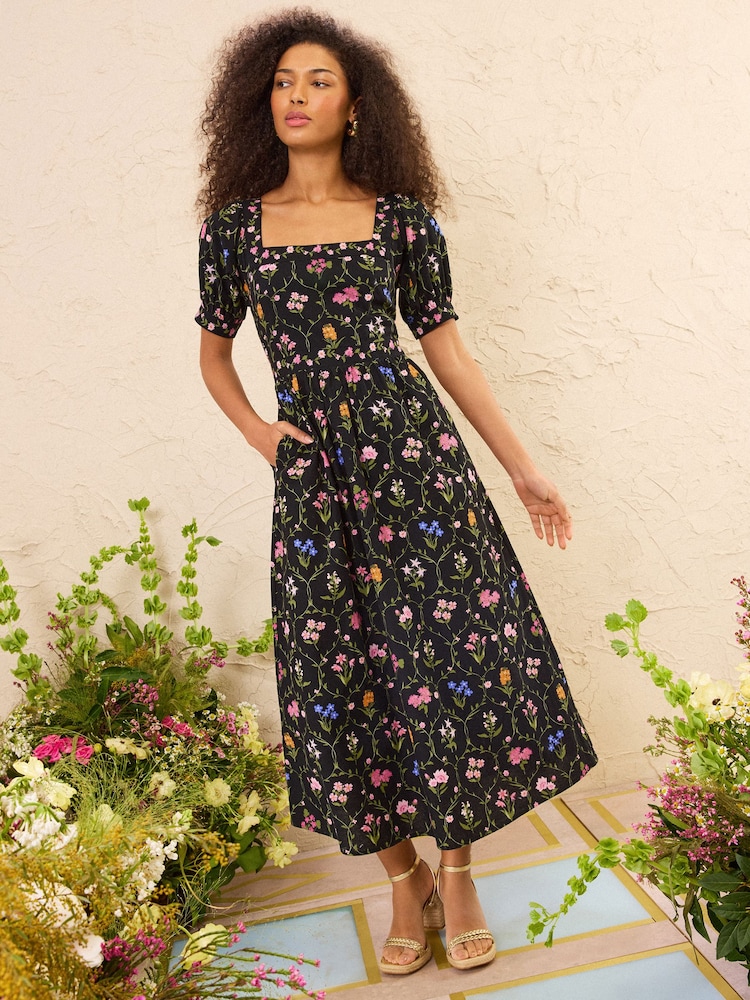 Love & Roses x RHS Black Linen Puff Sleeve Midi Dress - Image 1 of 5 Love & Roses x RHS Black Linen Puff Sleeve Midi Dress - Image 1 of 5