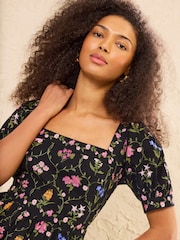 Love & Roses x RHS Black Linen Puff Sleeve Midi Dress - Image 2 of 5