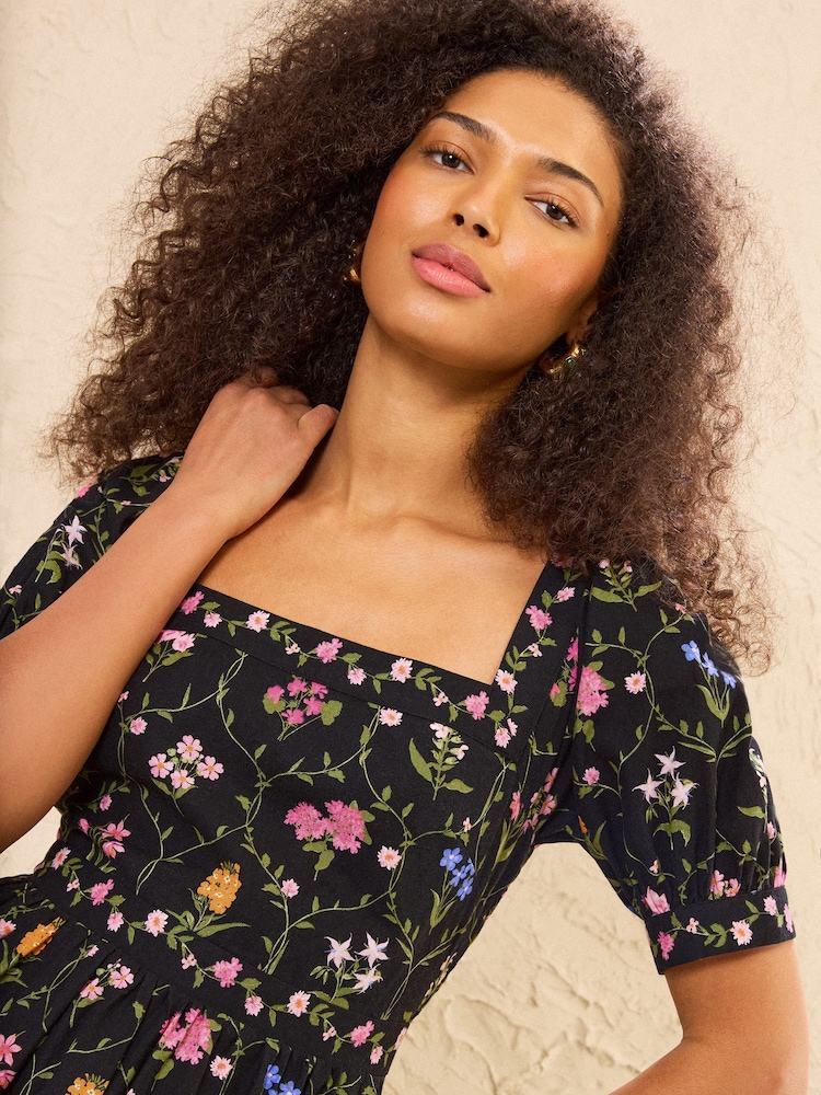 Love & Roses x RHS Black Linen Puff Sleeve Midi Dress - Image 2 of 5 Love & Roses x RHS Black Linen Puff Sleeve Midi Dress - Image 2 of 5