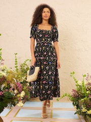 Love & Roses x RHS Black Linen Puff Sleeve Midi Dress - Image 3 of 5