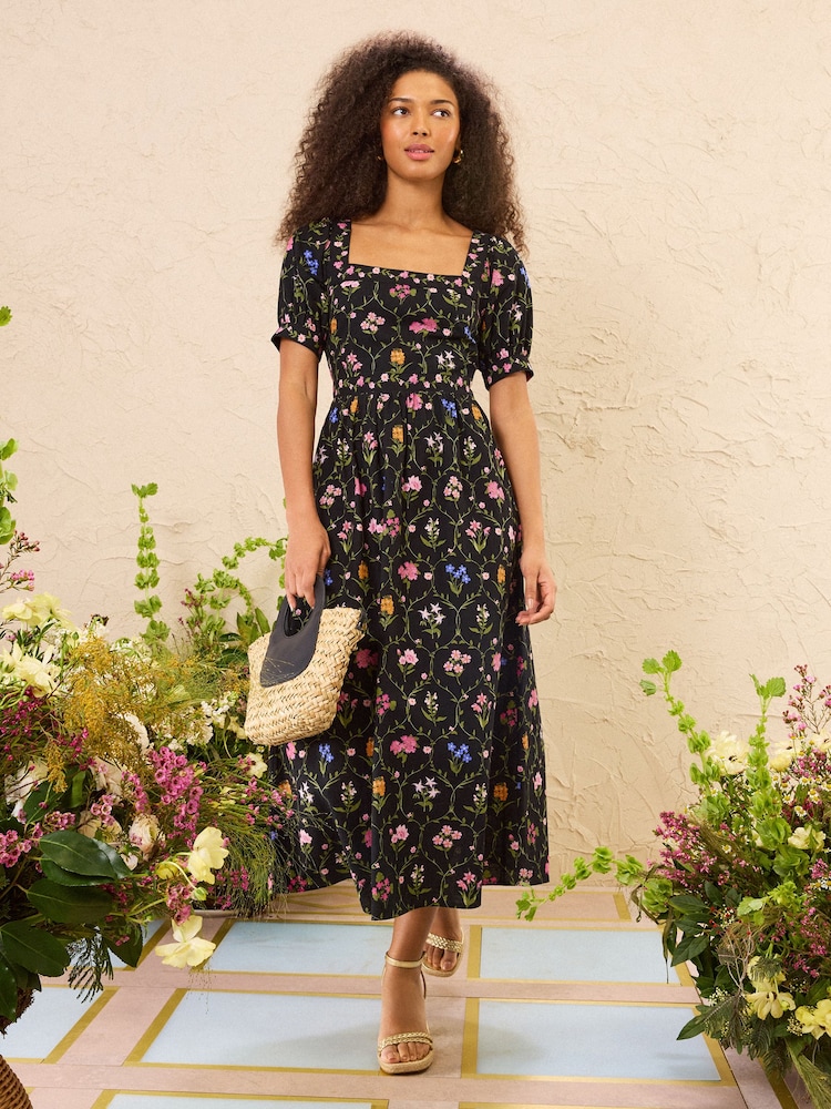 linen puff sleeve midi dress Navy Linen Puff Sleeve Dress