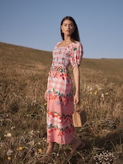 Love & Roses Red Cherry Print Smocked Bodice Puff Sleeve Midi Dress - Image 3 of 4