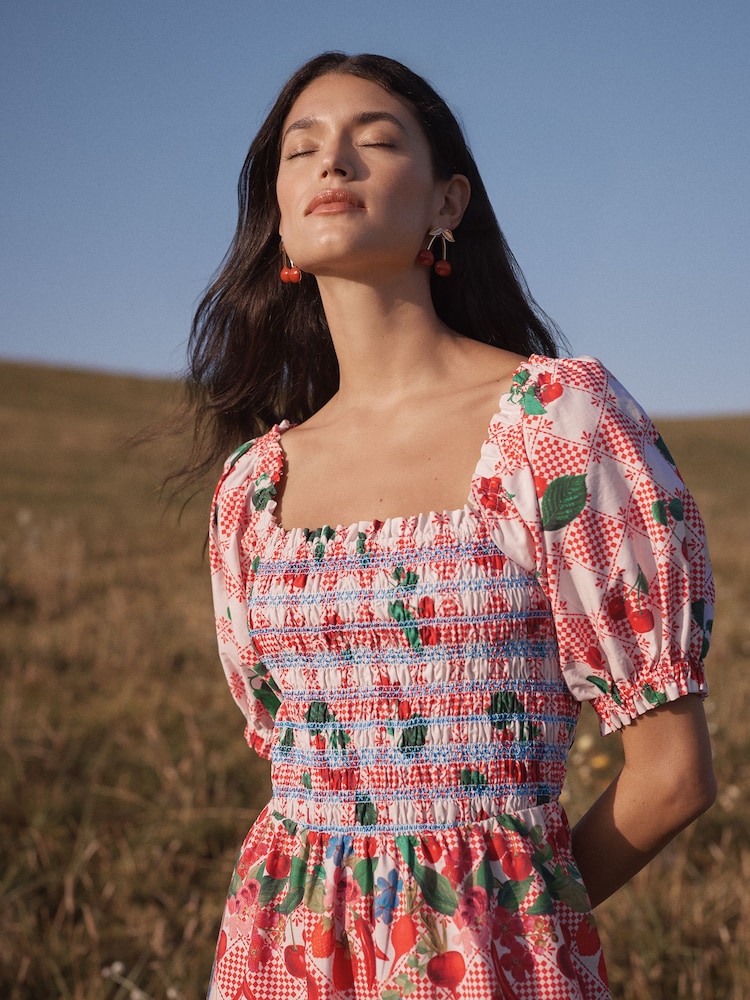 Love & Roses Red Cherry Print Smocked Bodice Puff Sleeve Midi Dress - Image 5 of 5