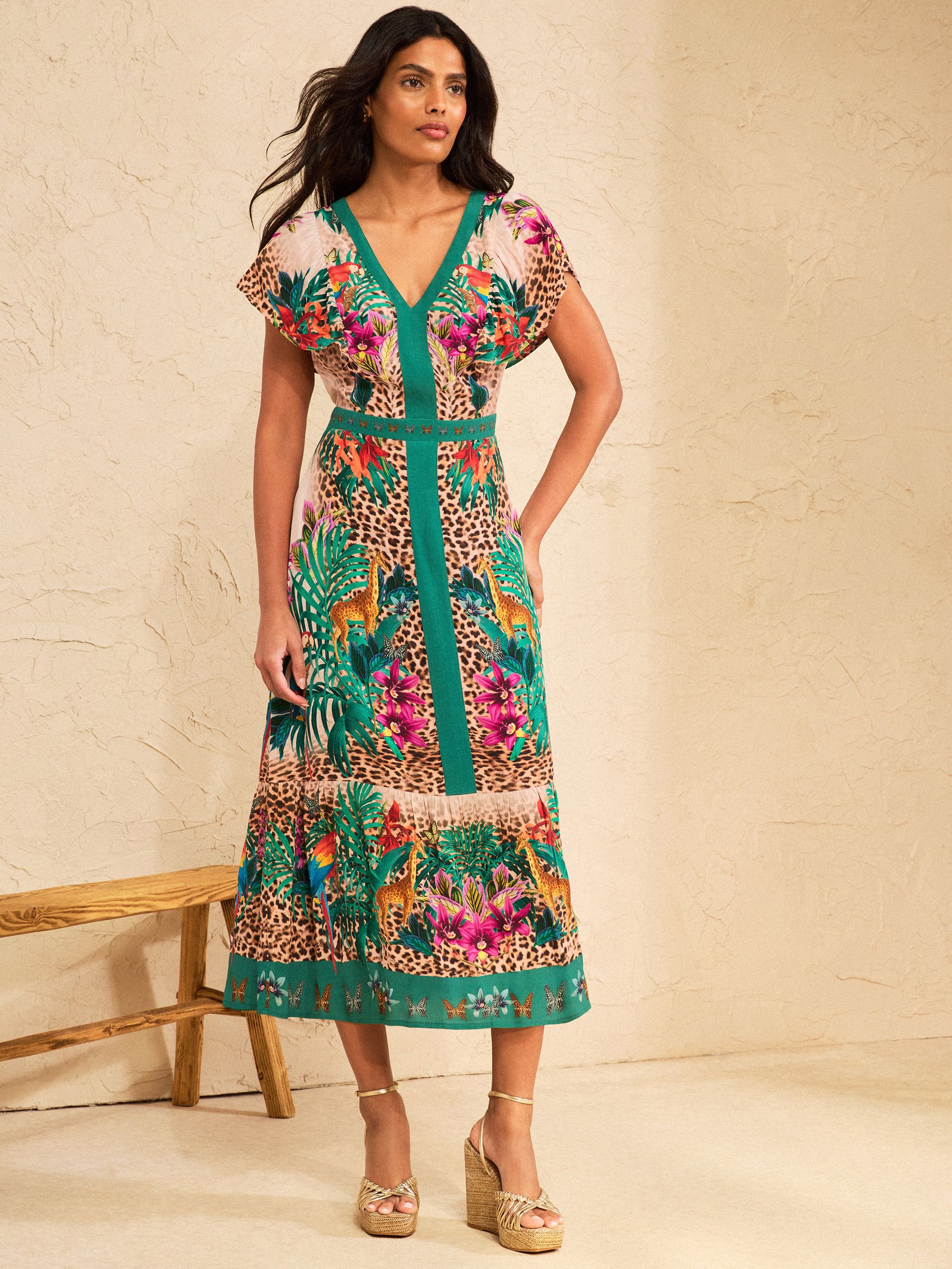 Buy Love & Roses Green Tropical Animal Flutter Sleeve V-Neck Midi