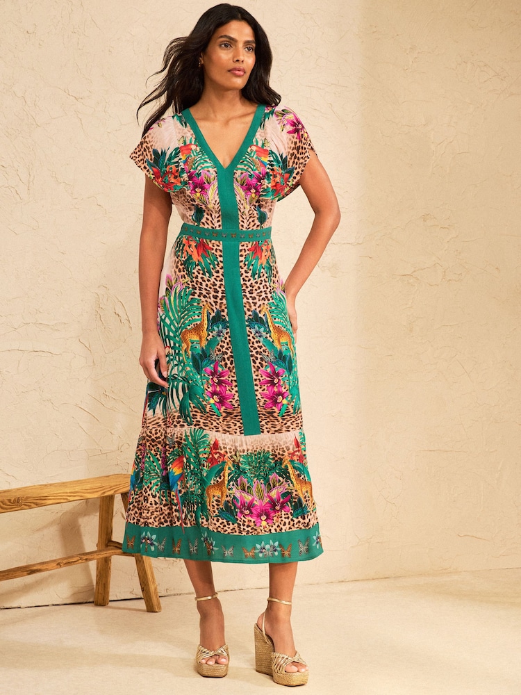 Love & Roses Teal Blue Animal Flutter Sleeve V Neck Midi Dress - Image 1 of 4