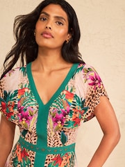 Love & Roses Teal Blue Animal Flutter Sleeve V Neck Midi Dress - Image 2 of 4