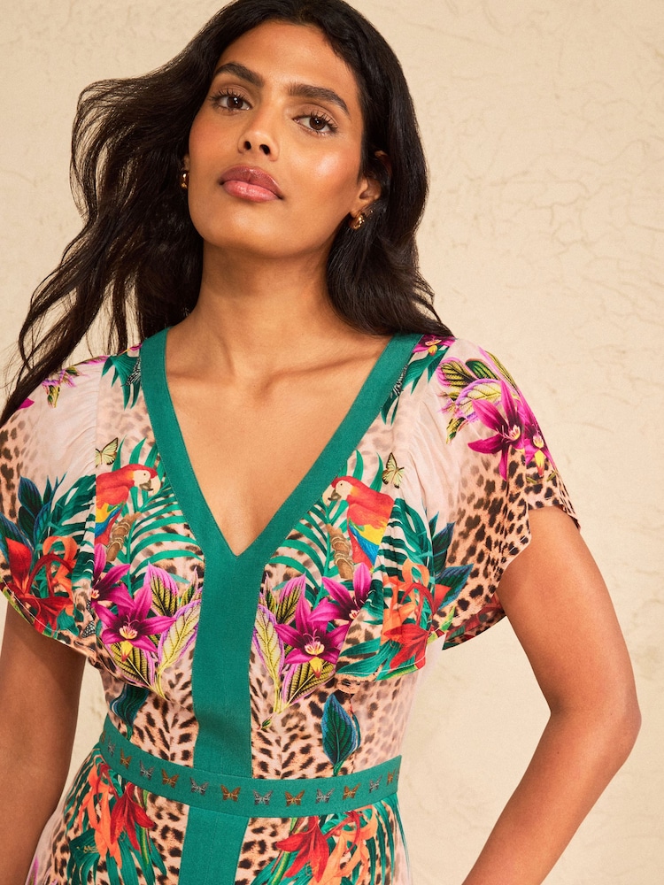 Love & Roses Teal Blue Animal Flutter Sleeve V Neck Midi Dress - Image 2 of 4