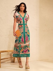 Love & Roses Teal Blue Animal Flutter Sleeve V Neck Midi Dress - Image 3 of 4