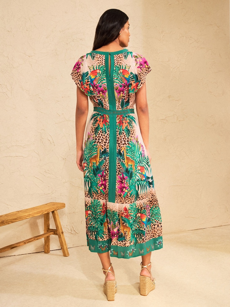 Love & Roses Teal Blue Animal Flutter Sleeve V Neck Midi Dress - Image 4 of 4