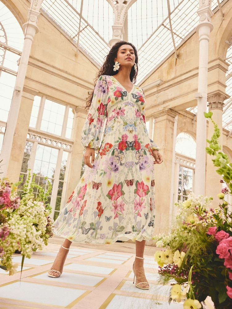 Buy Love & Roses x RHS Ivory Floral Chiffon Pleated V-Neck Midi Dress from  Next USA