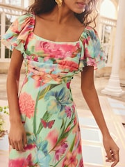 Love & Roses Green Blurred Floral Flutter Sleeve Pleated Bodice Midi Dress - Image 2 of 4