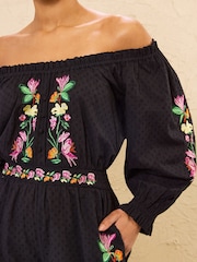 Love & Roses Black Floral Embroidered Long Sleeve Playsuit - Image 2 of 6