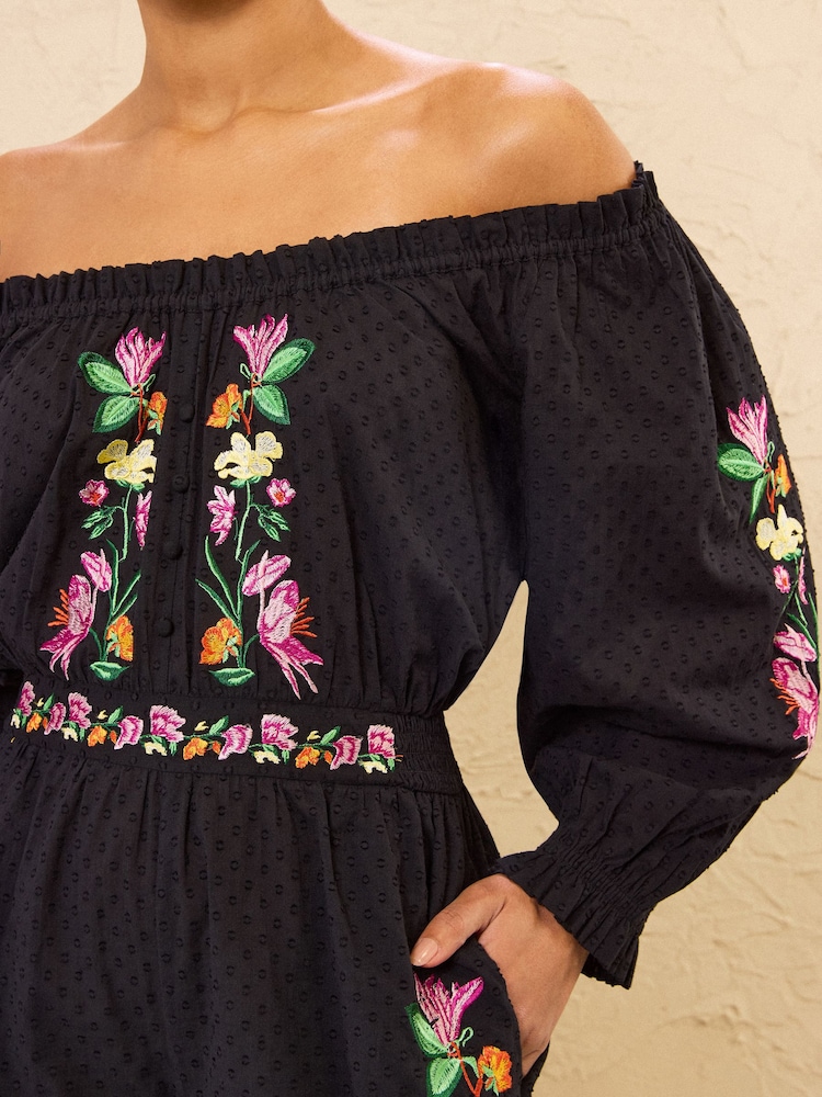 Love & Roses Black Floral Embroidered Long Sleeve Playsuit - Image 2 of 6