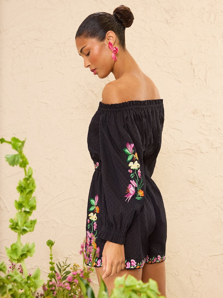 Love & Roses Black Floral Embroidered Long Sleeve Playsuit - Image 5 of 5