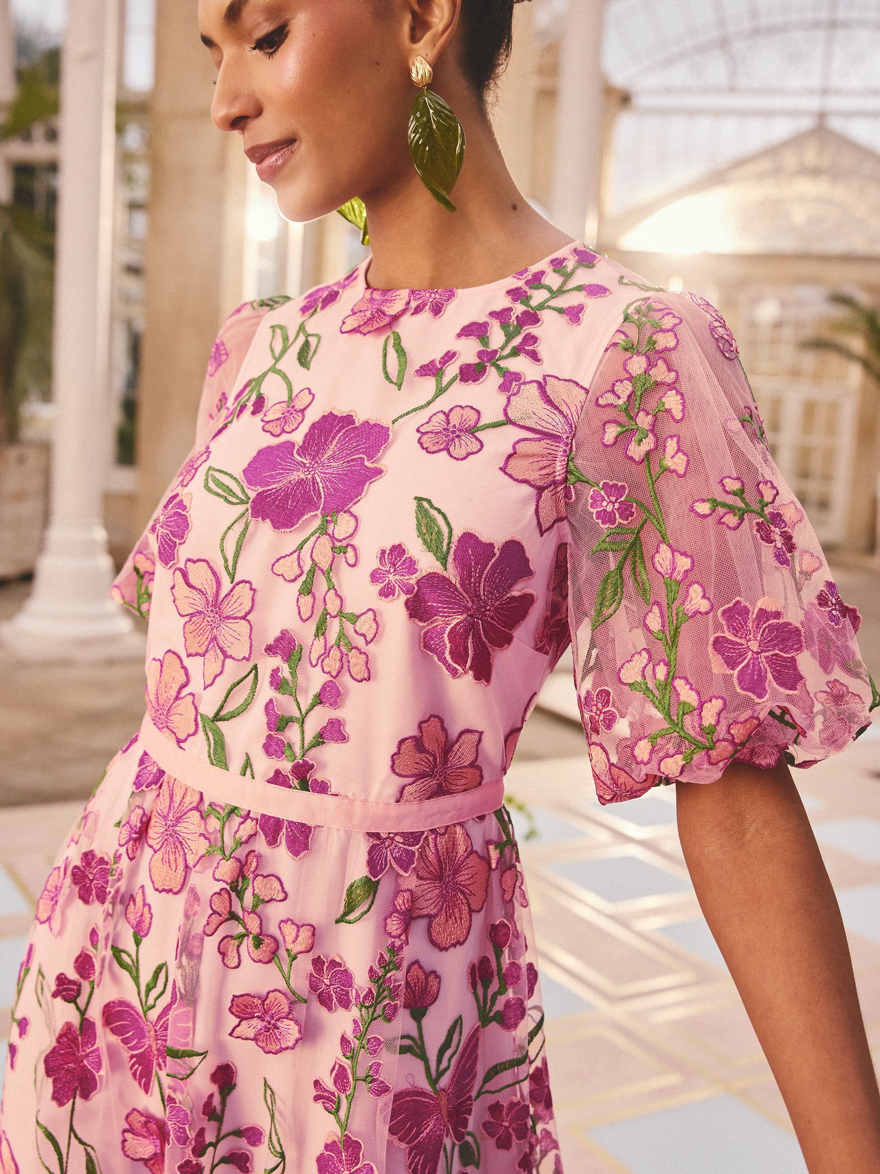 Buy Love & Roses x RHS Pale Pink Floral Lace Puff Sleeve Midi