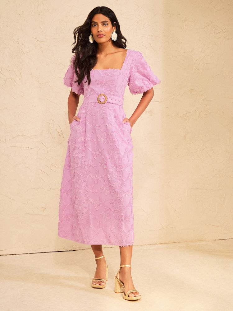 淡粉色 - Love & Roses 簇絨棕櫚紋理泡泡袖中長連身裙 - 圖片 1/4