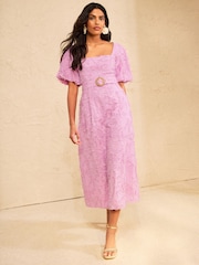 淡粉色 - Love & Roses 簇絨棕櫚紋理泡泡袖中長連身裙 - 圖片 3/4