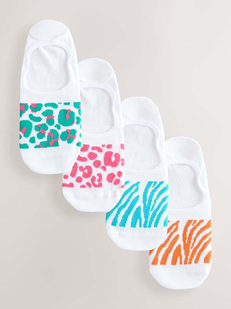 White/Bright Animal Invisible Trainer Socks 4 Pack - Image 1 of 7 White/Bright Animal Invisible Trainer Socks 4 Pack - Image 1 of 7