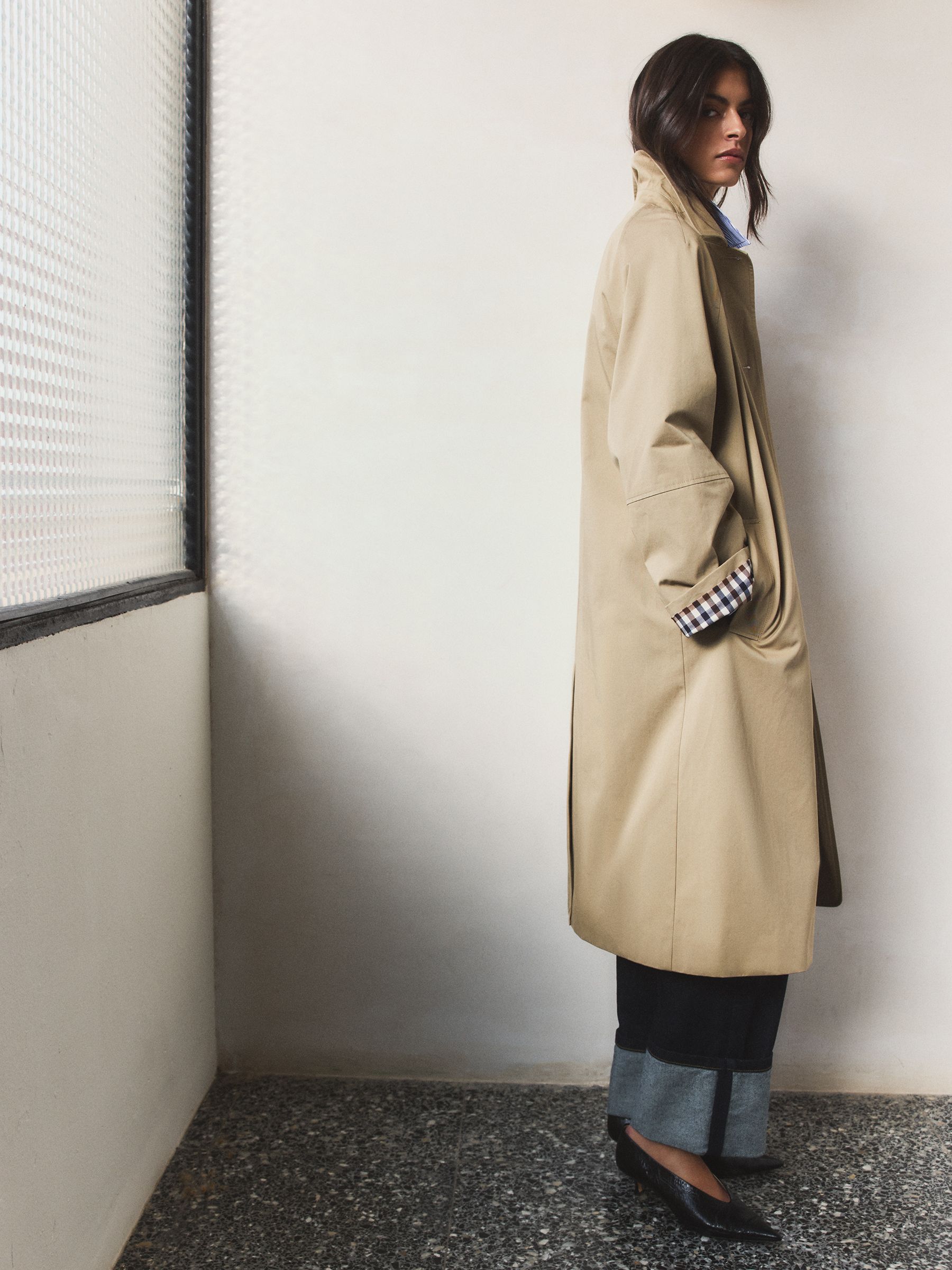 Buy BHOEM Camel Oversized Check Lining Cotton Trench Coat from