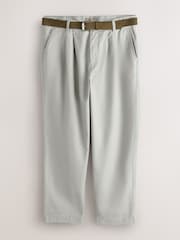 Light Grey Relaxed Tapered Fit Cotton/Linen Trousers With Leather Belt - Image 7 of 12