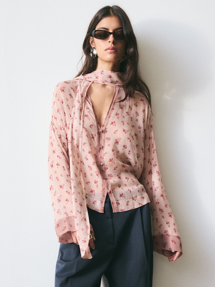 BHOEM Pink Scarf Detail Flowy Printed Blouse - Kuva 1 / 5