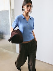 BHOEM Blue Flowy Short Sleeve Knit Polo Shirt - Image 1 of 5