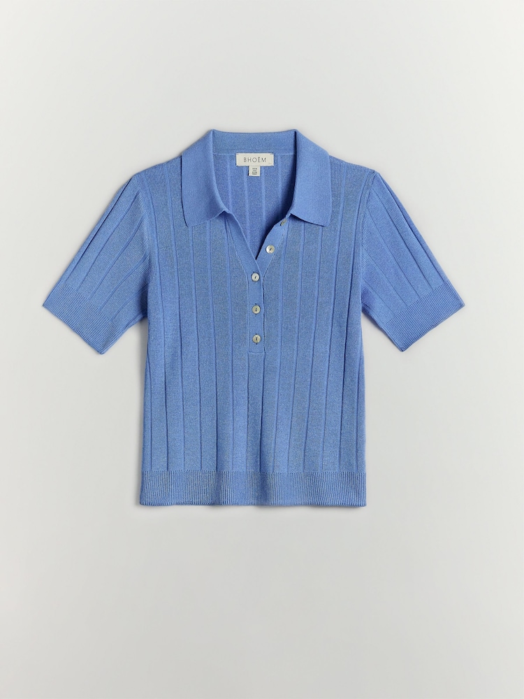 BHOEM Blue Flowy Short Sleeve Knit Polo Shirt - Image 5 of 5