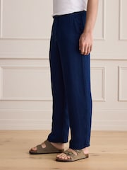 靛藍 - Signature 100% Linen Textured Trousers With Elasticated Waist - 圖片 1/4