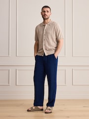 靛藍 - Signature 100% Linen Textured Trousers With Elasticated Waist - 圖片 2/4