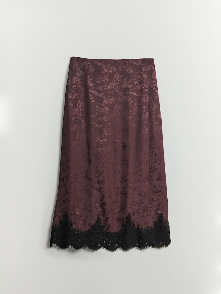 BHOEM Lace Detail Jacquard Satin Black/Brown Midi Skirt - Image 6 of 6