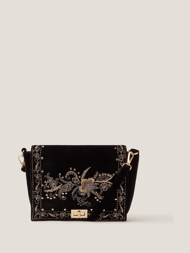 Monsoon Black Lily Floral Embroidered Shoulder Bag - Image 1 of 3 Monsoon Black Lily Floral Embroidered Shoulder Bag - Image 1 of 3