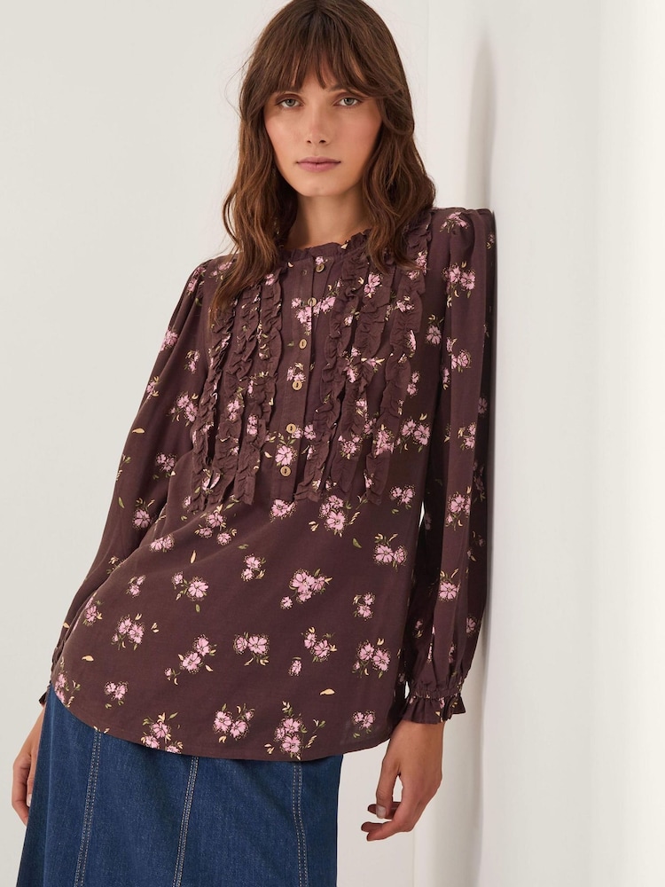 Monsoon Brown Hanya Floral Print Ruffle Blouse - Image 1 of 4 Monsoon Brown Hanya Floral Print Ruffle Blouse - Image 1 of 4
