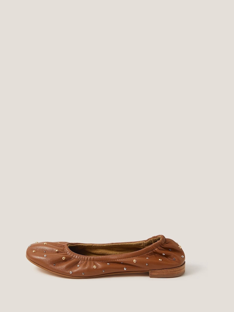 Monsoon Brown Mila Leather Stud Ballet Pumps - Image 1 of 3