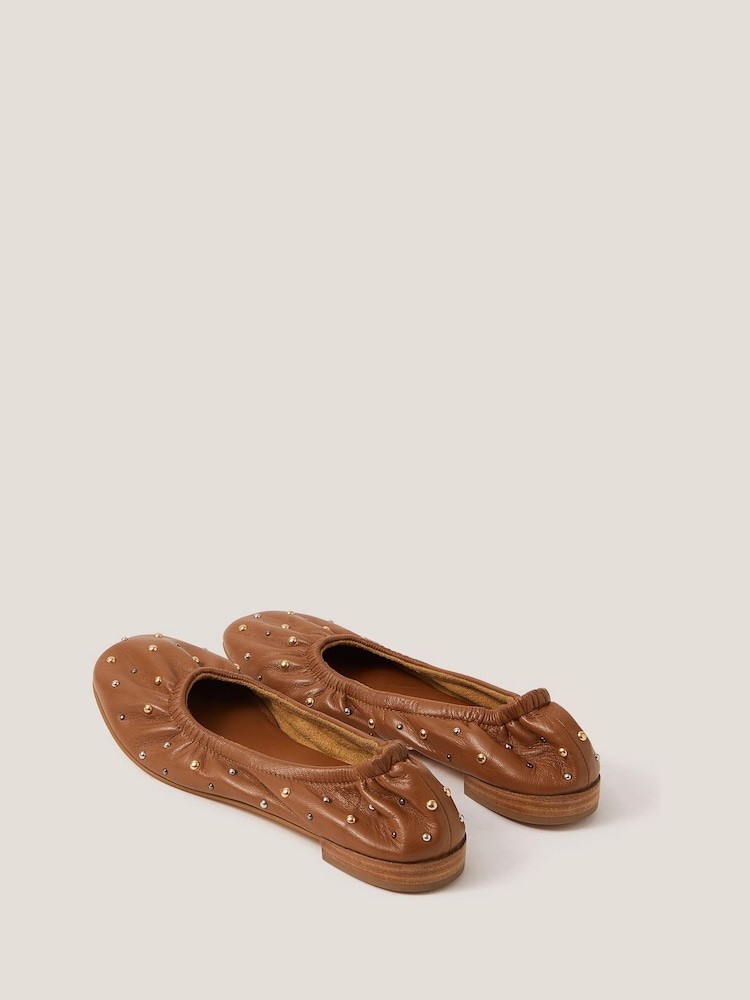 Monsoon Brown Mila Leather Stud Ballet Pumps - Image 2 of 3